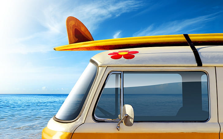 Surf HD, furgoneta blanca y tabla de surf, deportes, surf, Fondo de pantalla HD