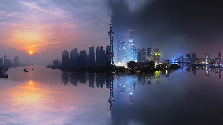 Cartaz de colagem do horizonte de Nova York, cidade, noite, Shanghai, HD papel de parede