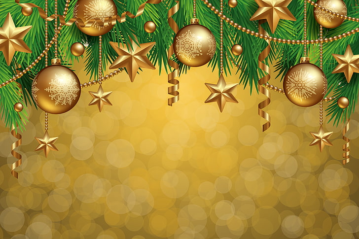 златни фенечки и зелена елха илюстрация, декорация, топки, дърво, Нова година, Коледа, златна, весела, HD тапет