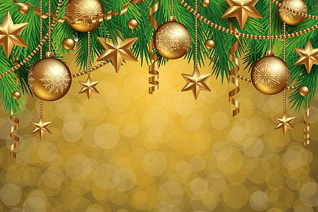 enfeites de ouro e ilustração verde da árvore de Natal, decoração, bolas, árvore, ano novo, natal, dourado, feliz, HD papel de parede HD wallpaper