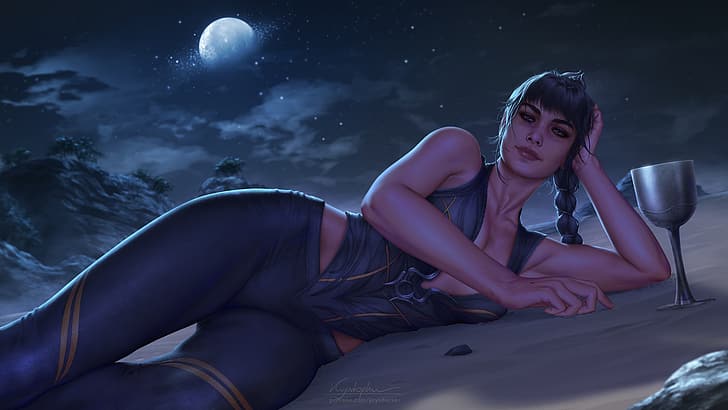 Krys Decker ศิลปะดิจิตอล งานศิลปะ ภาพประกอบ ผู้หญิง ประตู Baldur 3 กลางคืน นอนลง ดวงจันทร์ เมฆ พื้นหลังเบลอ ผมสีเข้ม ผมยาว กำลังมองหาผู้ชม ดาว Shadowheart ศิลปะแฟนซี ตัวละครในวิดีโอเกม, วอลล์เปเปอร์ HD