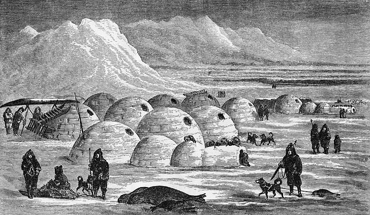 invierno, perros, esquimales, aguja, montaña de hielo, Chukotka, una choza abovedada, Fondo de pantalla HD