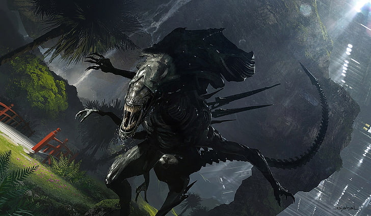 monster dikelilingi oleh poster permainan pohon, alien, Xenomorph, karya seni, makhluk, Wallpaper HD