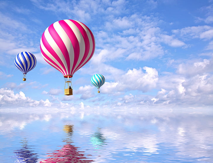 tiga balon udara merah muda, biru, dan putih, balon udara panas, Berwarna-warni, Refleksi, Awan, 4K, Wallpaper HD