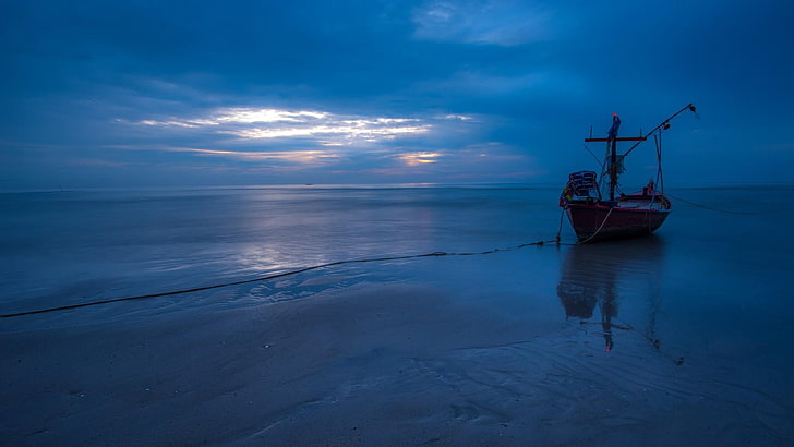 orilla, azulado, tailandia, puesta de sol, poat, barco de pesca, barco, tarde, anochecer, mar, reflexión, nube, agua, océano, calma, horizonte, cielo, Fondo de pantalla HD