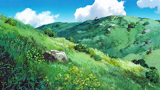 Księżniczka Mononoke, filmy animowane, anime, animacja, fotosy filmowe, Studio Ghibli, Hayao Miyazaki, pole, góry, kwiaty, trawa, natura, wzgórza, niebo, chmury, krzaki, skały, Tapety HD HD wallpaper