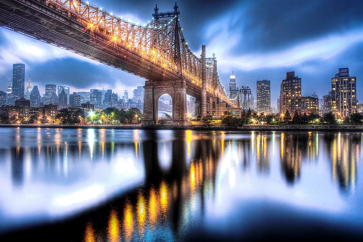 Brooklyn Bridge, New York, USA, himlen, molnen, staden, ljus, reflektion, flod, byggnad, hem, New York, skyskrapor, kvällen, utdrag, USA, Manhattan, NYC, New York City, East River, the Queensboro bridge, Roosevelt Island, Queensboro Bridge, HD tapet