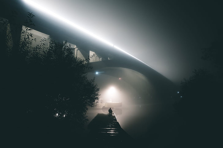 железопътна линия над водното тяло през нощта тапет, дълго излагане, светлини, дървета, нощ, тъмно, река, HD тапет