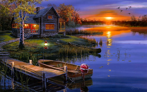 birds, boat, Cabin, house, lake, night, painting, sunset, HD wallpaper HD wallpaper
