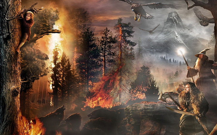 O papel de parede digital Hobbit, árvores, fogo, lobos, as águias, O Hobbit, Uma Viagem Inesperada, Gandalf, Bilbo, Thorin, Varga, HD papel de parede