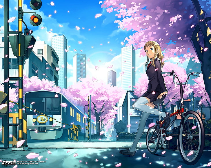chicas anime, ciudad, bicicleta, flor de cerezo, uniforme escolar, colegiala, paisaje urbano, Fondo de pantalla HD