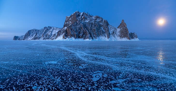 winter, rock, lake, island, ice, Russia, Lake Baikal, Olkhon Island, Cape Khoboy, HD wallpaper