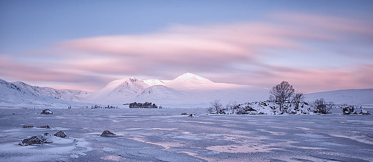 montaña cubierta de nieve paisaje digital fondo de pantalla, montaña, cubierto, nieve, paisaje, digital, Escocia, Highlands, Black Mount, Lochan, na h, Fondo de pantalla HD