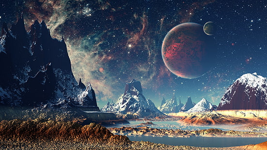 серые горы иллюстрация, горы возле водоема цифровые обои, звезды, планеты, космос, горы, цифровое искусство, произведения искусства, HD обои HD wallpaper