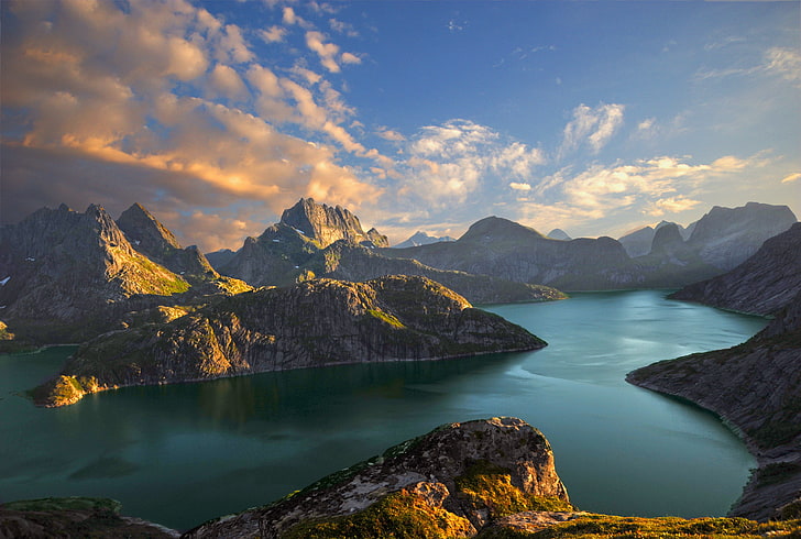 река между горами фото, пейзаж, природа, Норвегия, фьорд, горы, HD обои