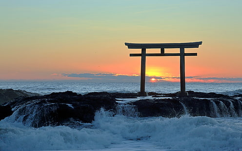 morze, zachód słońca, brama, Japonia, surf, torii, Tapety HD HD wallpaper