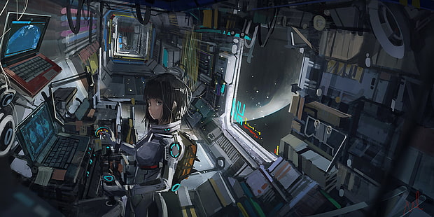 illustration de femme aux cheveux noirs, anime girls, art numérique, artwork, science fiction, espace, Fond d'écran HD HD wallpaper