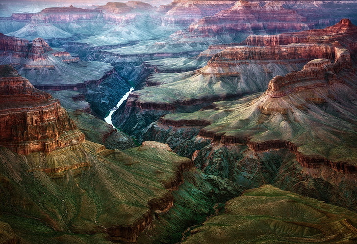 ภาพวาดภูเขาสีเขียวและสีน้ำตาล, ธรรมชาติ, ภูมิทัศน์, เขาวงกต, การกัดเซาะ, แคนยอน, แม่น้ำ, ภูเขา, วอลล์เปเปอร์ HD