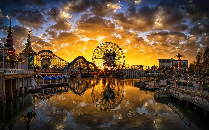 Disneyland w Kalifornii Sunset City River Ferris Wheel Reflection Pier Hd tapety i tła do telefonów komórkowych i komputerów PC 3840 × 2400, Tapety HD