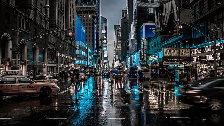 син, САЩ, Америка, САЩ, Ню Йорк, Ню Йорк, фотография, дъждовен, път, дъжд, дъжд, градски пейзаж, сграда, нощ, улица, център, изглед на улица, мокра улица, отражение, град, метрополия, HD тапет