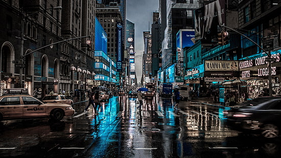 синий, США, Америка, Соединенные Штаты, Нью-Йорк, Нью-Йорк, фотография, дождливый, дорога, дождь, дождь, городской пейзаж, здание, ночь, улица, центр города, вид улицы, мокрая улица, отражение, город, мегаполис, HD обои HD wallpaper