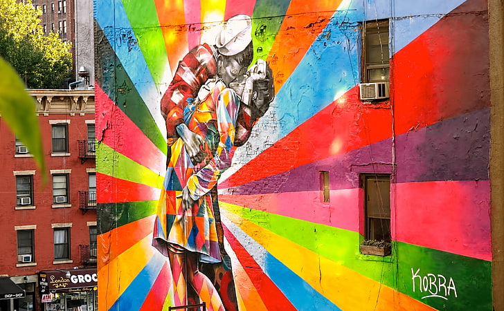 The American Kiss, white window-type air conditioner, Artistic, Graffiti, Colorful, new york city, HD wallpaper