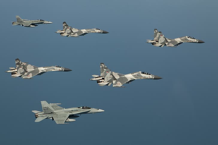 Небето, Полет, небе, Изтребители, Су-27, F-18, Индонезийските военновъздушни сили, Индонезийските военновъздушни сили, HD тапет