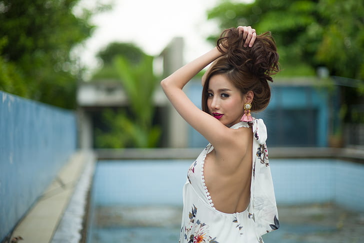 Asian, model, brunette, hands in hair, women, HD wallpaper