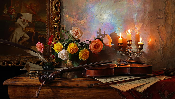 flowers, notes, pen, violin, roses, picture, candles, vase, table, still life, ink, Andrey Morozov, HD wallpaper