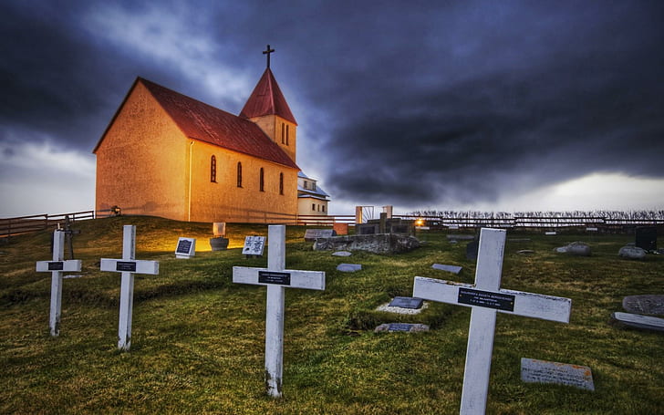 Cemetery At Church, stormy clouds, cmetery, church, crosses, animals, HD wallpaper