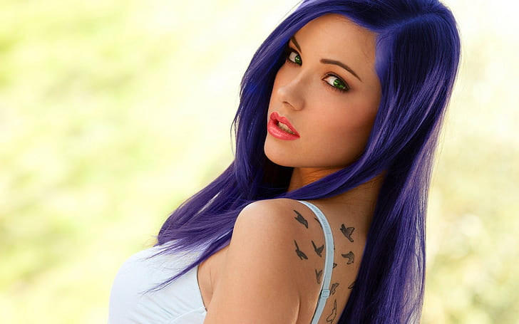 violet, eyes, tattoo, Elizabeth Marxs, photo manipulation, dyed hair, HD wallpaper