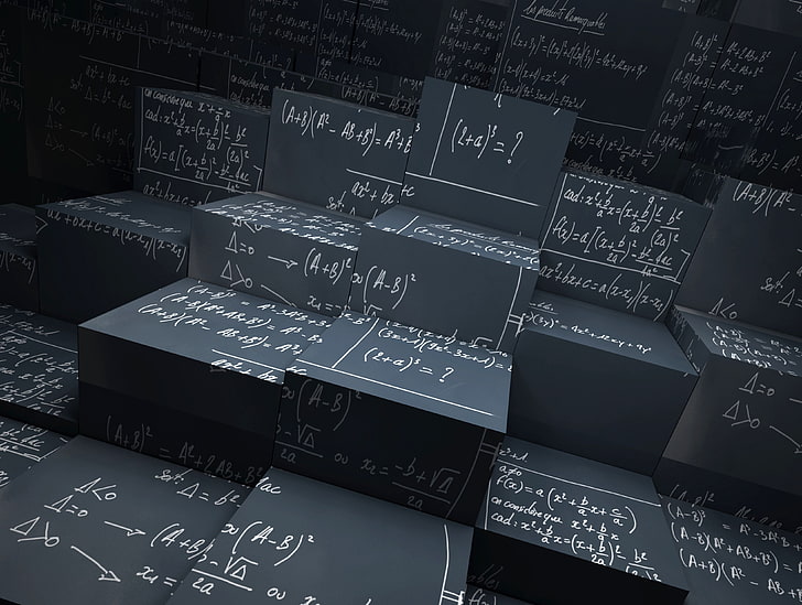 caixas cinza e pretas com equações matemáticas, ciência, geometria, arquitetura, matemática, cubismo, estatísticas, equação, equação do cubismo, HD papel de parede