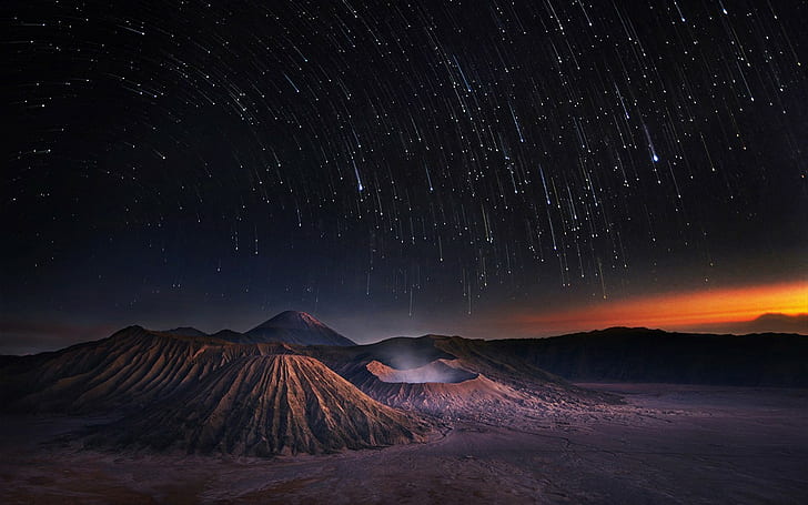 paisagem montagem bromo longa exposição via láctea nascer do sol cratera vulcão indonésia estrela trilhas, HD papel de parede