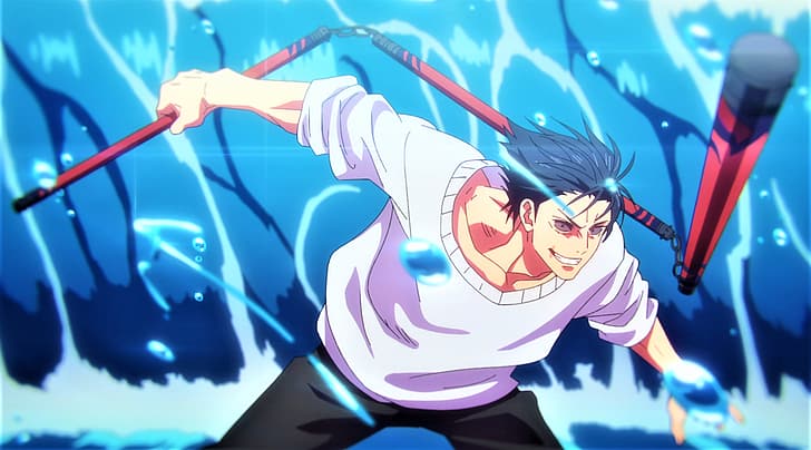 Jujutsu (arte marcial), Fushiguro Toji, agua, Nunchucks, suéter, ojos negros, cabello al viento, músculos, anime, captura de pantalla de anime, chicos de anime, Fondo de pantalla HD
