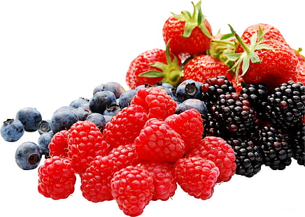 червена малина, къпина, боровинка и ягода, малини, ягоди, боровинки, HD тапет HD wallpaper
