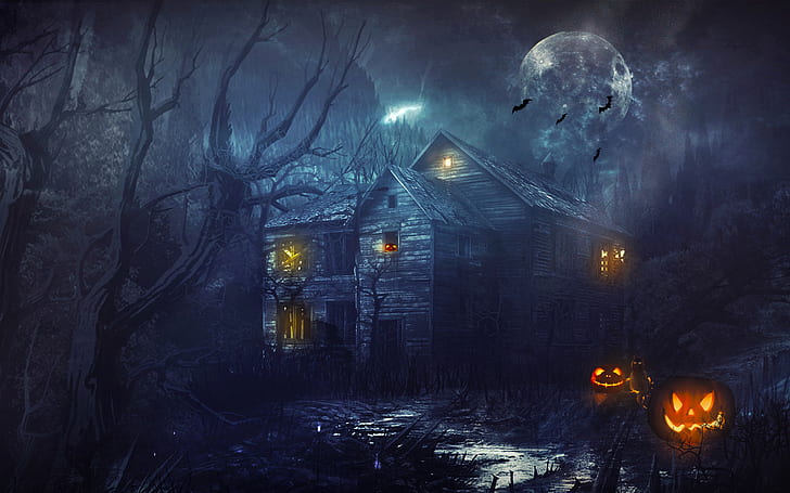 Хелоуин, нощ, къща, тиква, дървета, луна, светлина, призрачен, кафява дървена къща, хелоуин, нощ, къща, тиква, дървета, луна, светлина, призрачен, HD тапет