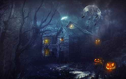 Halloween, nuit, maison, citrouille, arbres, lune, lumière, effrayant, maison en bois brun, halloween, nuit, maison, citrouille, arbres, lune, lumière, effrayant, Fond d'écran HD HD wallpaper