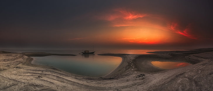 фотография водоема во время заката, фотография, природа, река, остров, лодка, утро, солнечный свет, небо, песок, спокойствие, Бангладеш, пейзаж, HD обои