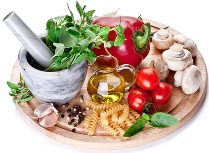 weißer Mörser und Pistill, Nudeln, Pfeffer, Knoblauch, Tomaten, HD-Hintergrundbild HD wallpaper