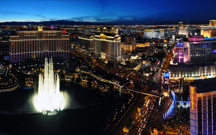 Las Vegas Night, air mancur putih, sua, usa, amerika, kota, lampu, Wallpaper HD