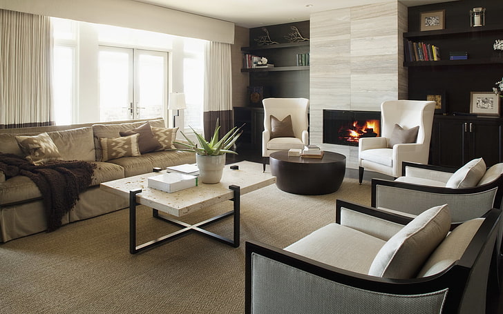 szara zamszowa kanapa, projekt, pokój, ogień, wnętrze, krzesło, kominek, mieszkanie, styl. sofa, Tapety HD