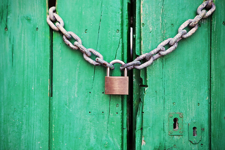 closed, door, green, lock, locked, padlock, security, HD wallpaper