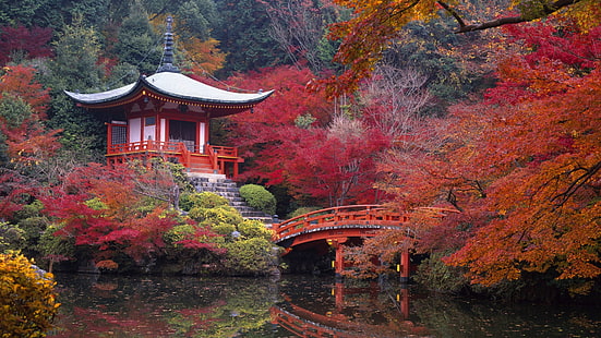 Tapınak, Daigo-ji, Köprü, Bina, Sonbahar, Japonya, Japon Bahçesi, Kyoto, Doğa, Pagoda, Yansıma, Din, Tapınak, Tapınak, Ağaç, Su, HD masaüstü duvar kağıdı HD wallpaper