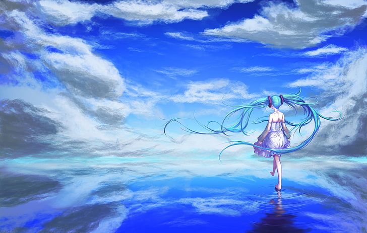 Hatsune Miku, más allá de las nubes, caminar, agua, vestido, Anime, Fondo de pantalla HD
