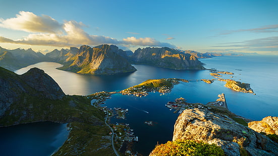 Lofoten Islands Norge Panorama över Reinebringen En av de högsta bergstopparna på öarna Bakgrund Hd 5760 × 3240, HD tapet HD wallpaper