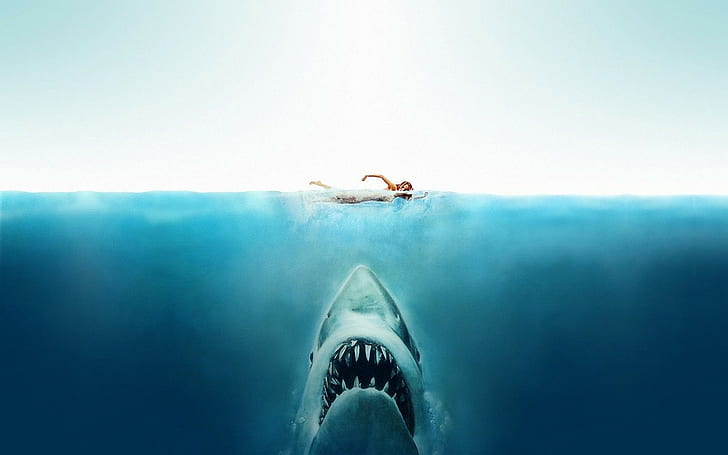 Челюсти, филми, акули, разделен изглед, море, човек, плуващ над акула, челюсти, филми, акули, разделен изглед, море, HD тапет