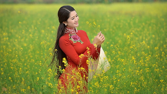 Asian, field, flowers, women, model, outdoors, women outdoors, long hair, vietnamese, Vietnam, áo dài, red dress, brunette, HD wallpaper HD wallpaper