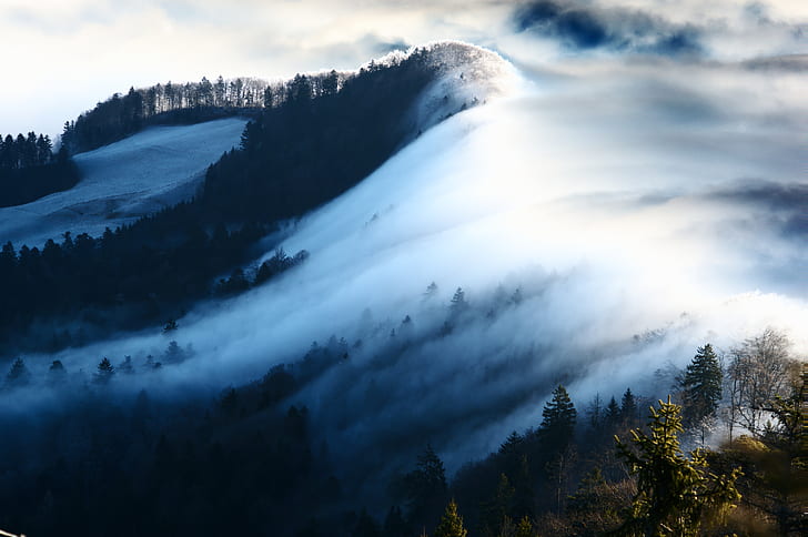 Foggy, Mountains, Belchenflue, Switzerland, 4K, 8K, HD wallpaper
