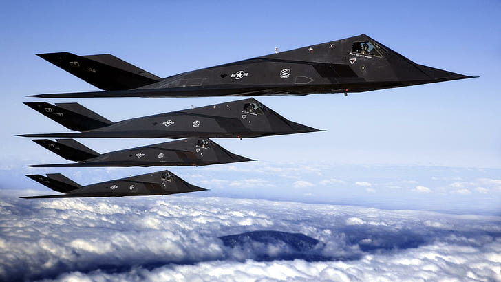 F-117 Nighthawk, 4 black fighter jets, f-117, 1920 x 1080, formation, 1080i, stealth, nighthawk, 1080p, fighter, aircraft planes, HD wallpaper