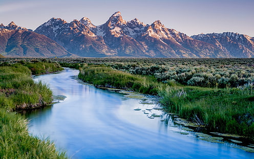 Wyoming, ABD, Grand Teton Milli Parkı, dağlar, nehir, çimen, kaya oluşumu, Wyoming, ABD, Grand, Teton, Milli, Park, dağlar, nehir, çimen, HD masaüstü duvar kağıdı HD wallpaper